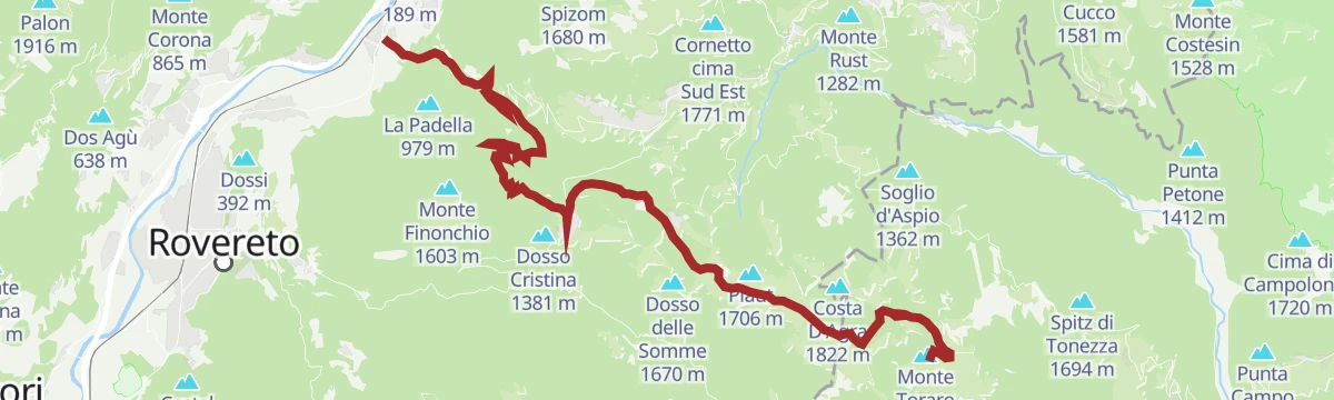 Route map: Calliano - Mezzomonte - Guardia - Serrada - Passo Coe - Forcella Valbona - Toraro